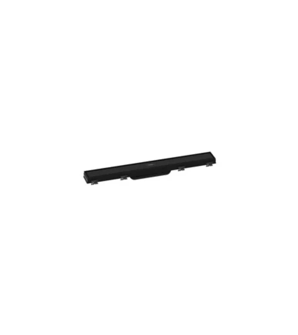 Schwarze Duschrinne von Hansgrohe, mit einem länglichen Gehäuse und seitlichen Halterungen, zur Integration in bodengleiche Duschen.